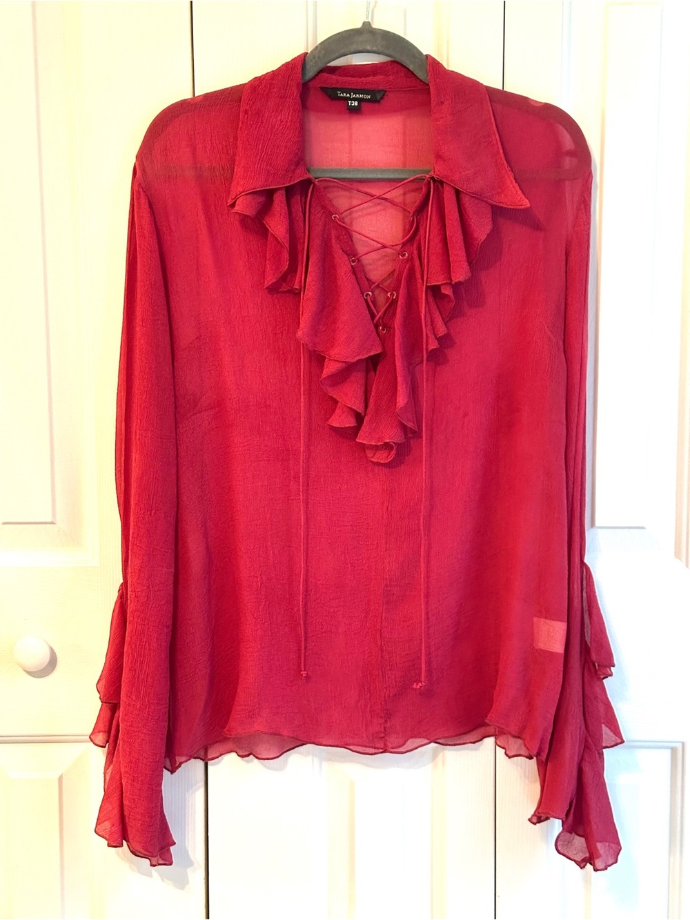 Tara Jarmon Silk Chiffon Ruffle Lace-Up V-Neck Blouse